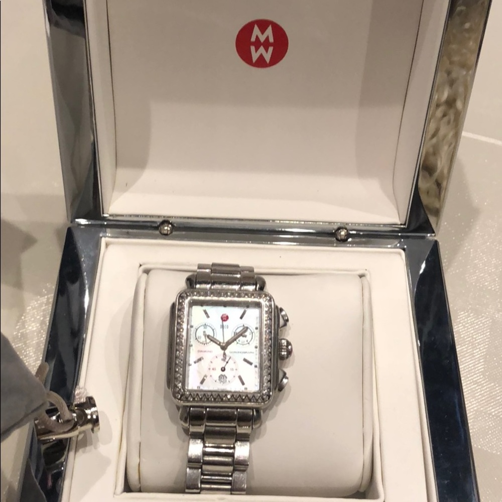 Stainless Michele watch with diamond bezel!